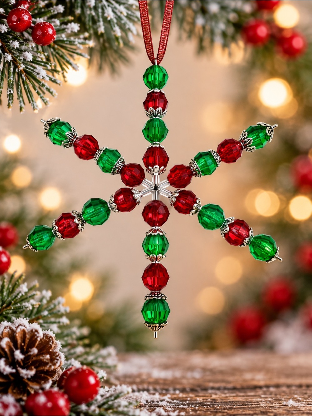 Red & Green Beaded Snowflake Christmas Ornament Holiday Decor Handmade